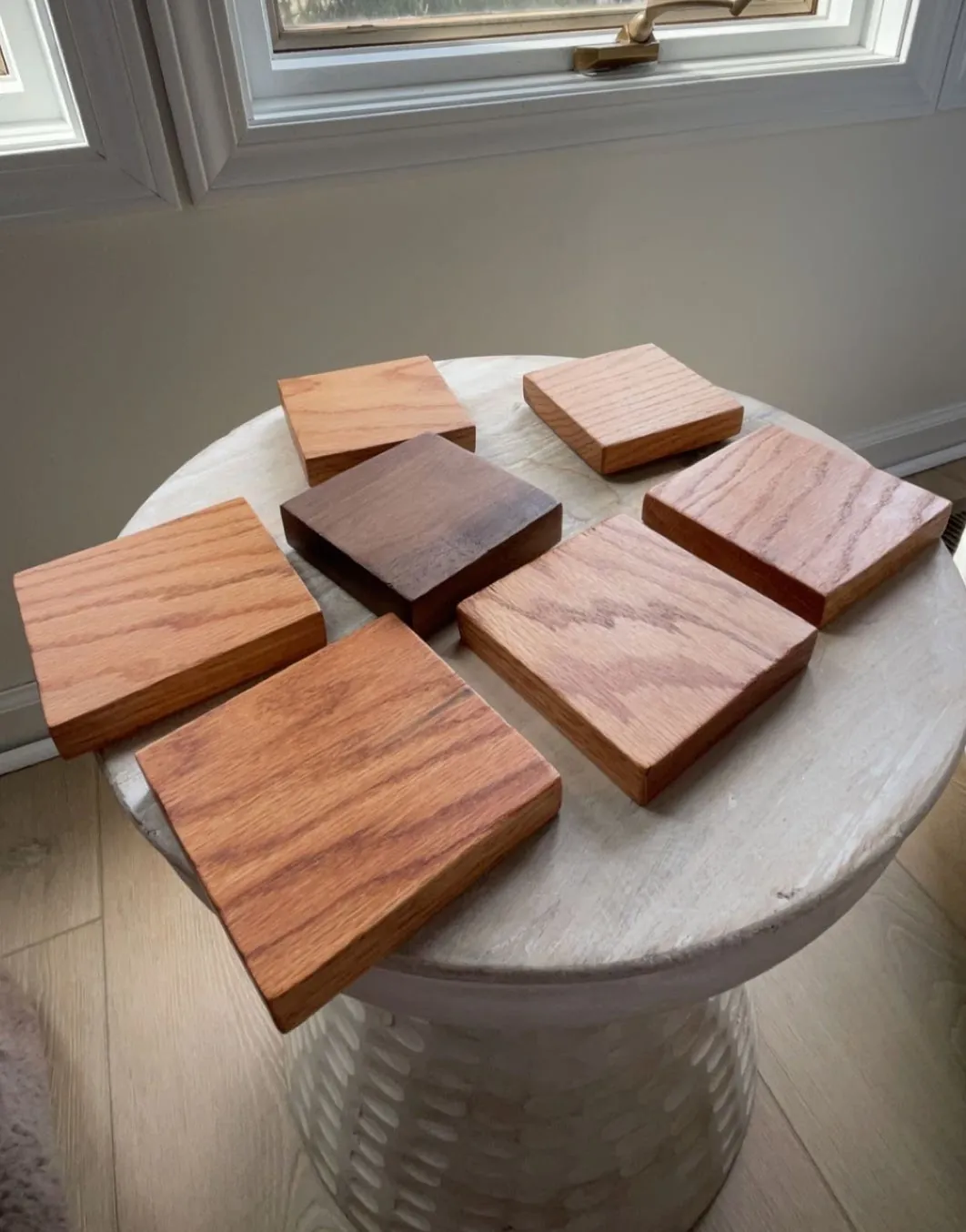 Set of oak and walnut coasters