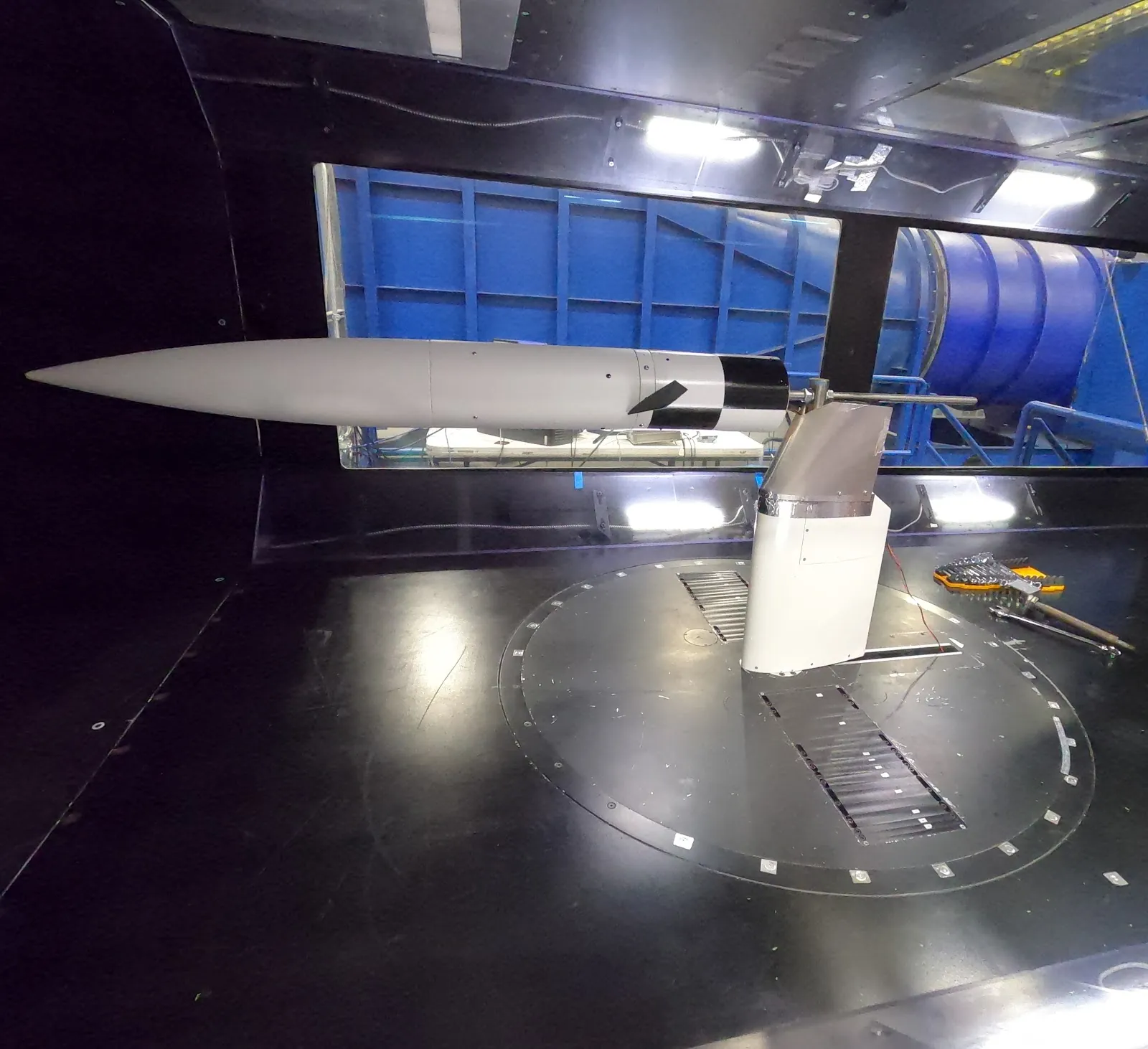 Forward section of the Spectre rocket mounted in the Mica Plex wind tunnel